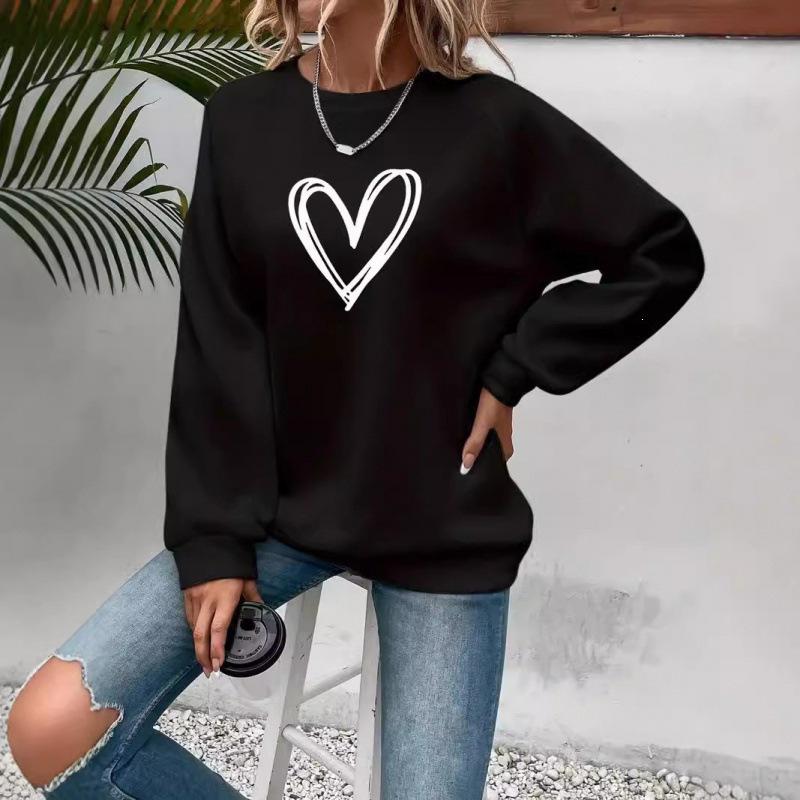 Heart Print Crew Neck Long Sleeve Fleece Sweatshirt for Women - 2025 Collection