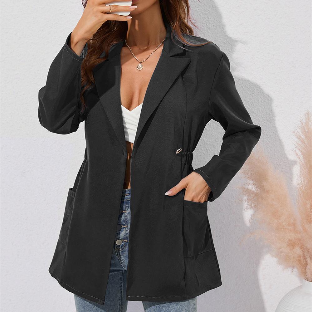 

QICED женские винтажные повседневные однотонные куртки и пальто с воротником-поло на осень-зиму с длинным рукавом и принтом M чёрный