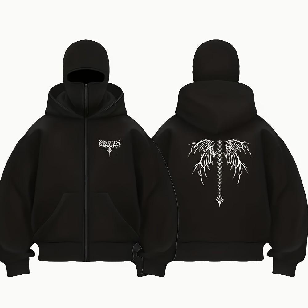 Y2k Gothic Bone Dragon Print Hooded Sweatshirt Unisex Casual Pullover with Front Zipper Machine