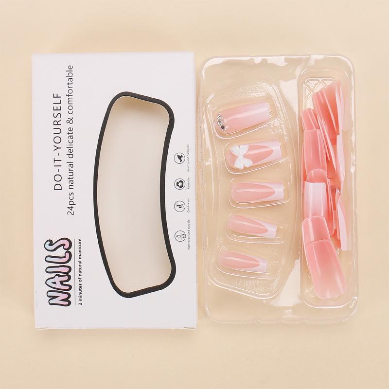 European & American Rhinestone Bowknot French Manicure Medium-Long False Nails