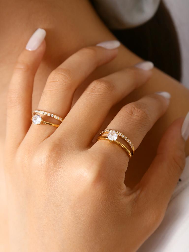 Japan And South Korea Niche Design Light Luxury Temperament Stainless Steel 18K Gold-Plated Diamonds Double Layer Ring Female