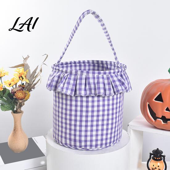 Festive Party Favor Holders Halloween Basket Plaid Ruffle Trick or Treat Candy Bucket with Handle Baskets for Kids Reusable Gingham Fabric