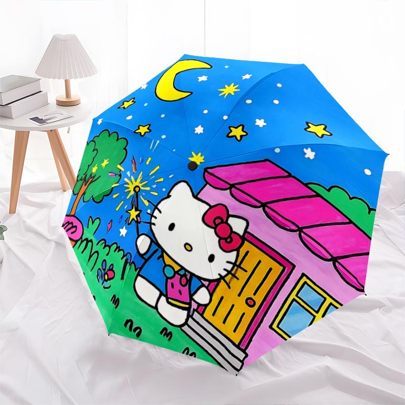 

1pc Hello Kitty Night Sky Automatic Opening/Closing Umbrella - Portable Three-Fold Design with 8-Bone Iron Frame, Outdoor, Gift for Fans, Travelers, E