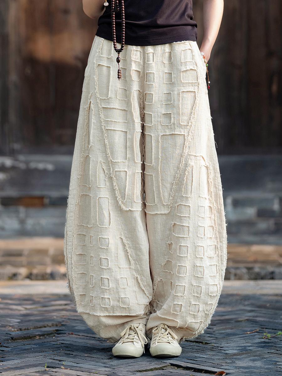 Women s Mid Rise Harem Pants Loose Fit Zen Style Linen Wide Leg Trousers With Raw Edge Detail SIZE