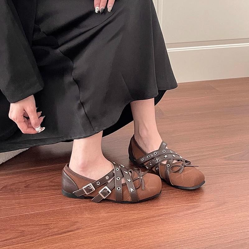 Retro bow shallow mouth single shoes 2025 summer new flat cross belt Mary Jane shoes women's rivet ballet shoes