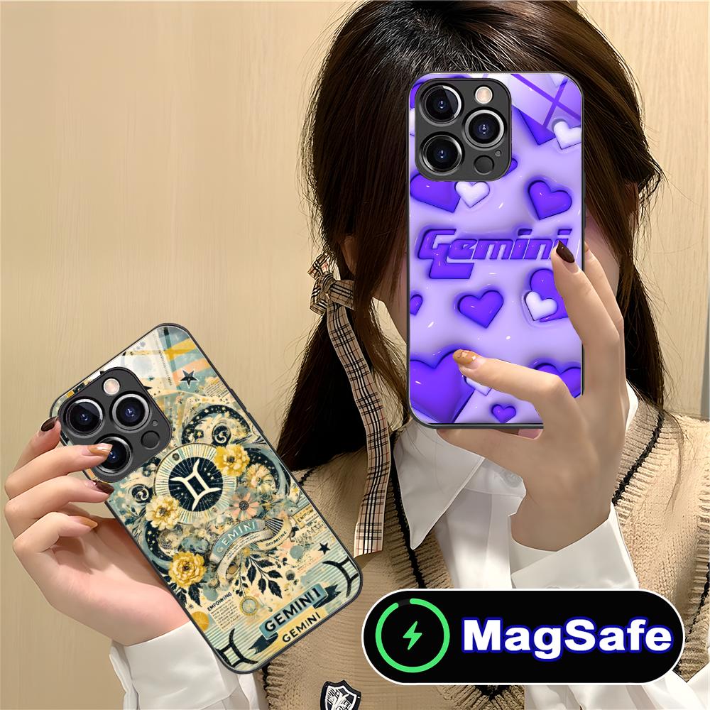 Zodiac Sign Gemini Mobile Phone Case for iPhone 17 16 15 14 13 12 11 Air Pro Max Plus Mini MagSafe Glass Colorful Cover Pretty