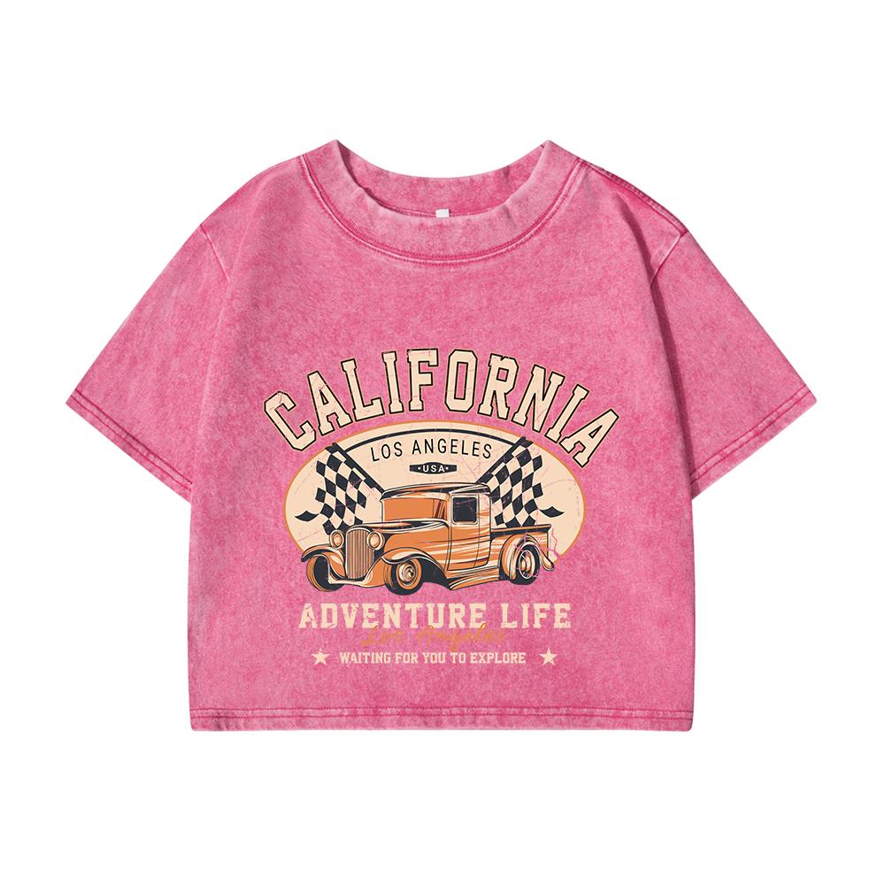 Women's Cotton Crop Tops Trend O-Neck Distressed Washed T-Shirts California Los Angeles Printing Street Clothes