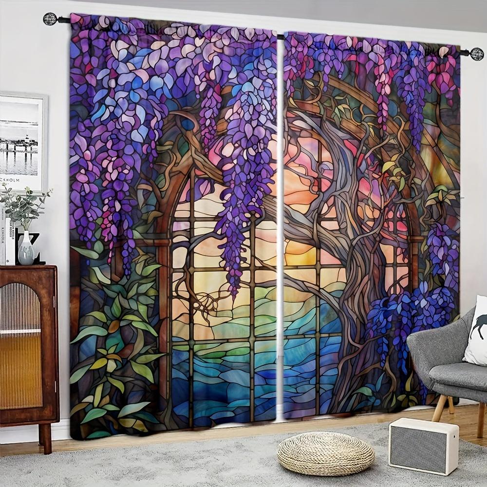 2pcs Stained Glass Flower Wisteria Printed Curtain For Home Decor Window Treatment For Bedroom, Office, Kitchen, Living Room