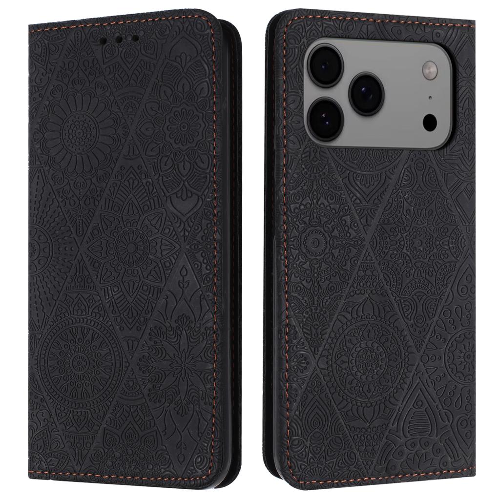 For iPhone 17 Pro Case Imprinted Flower Wallet Stand Leather Phone Cover
