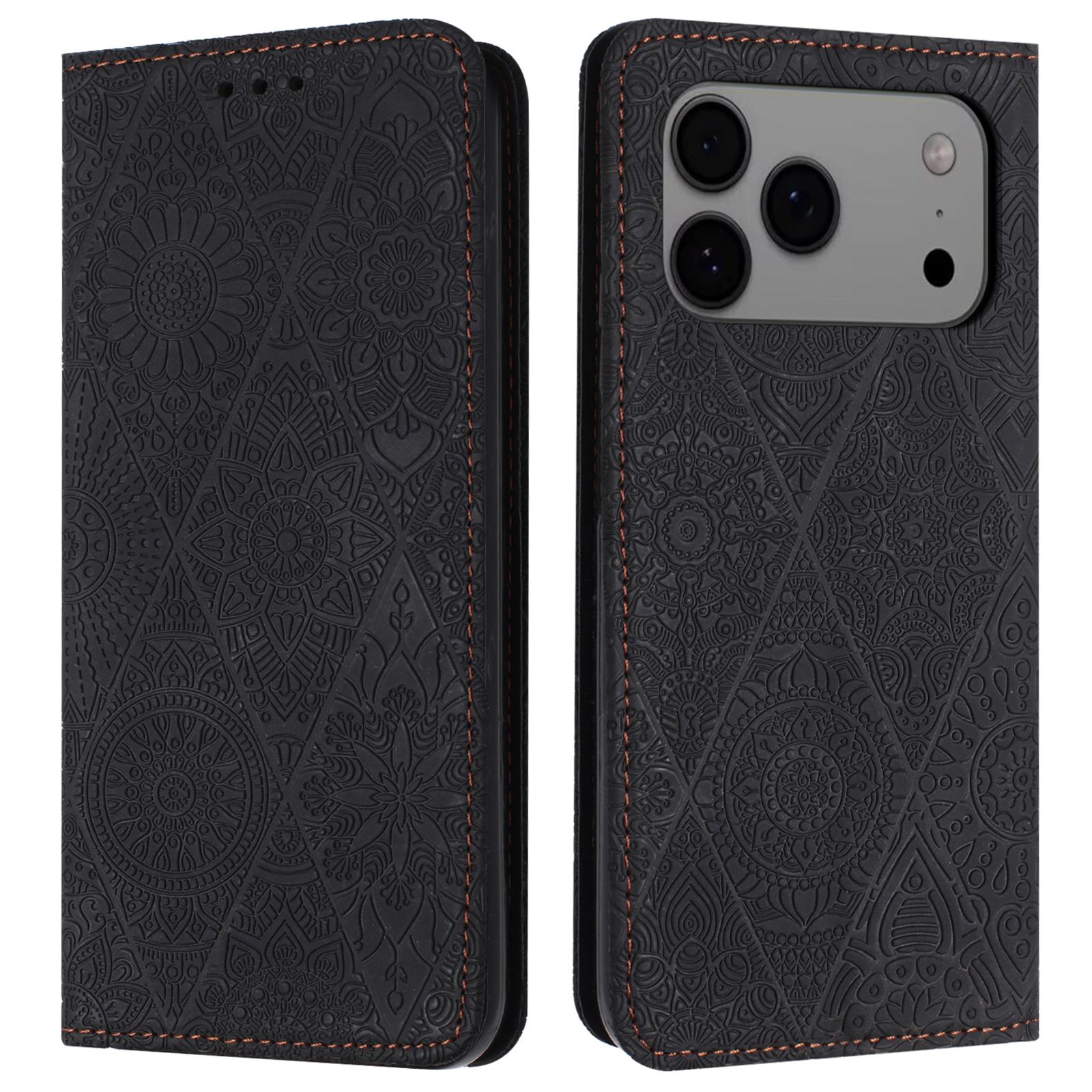 

For iPhone 17 Pro Case Imprinted Flower Wallet Stand Leather Phone Cover Black