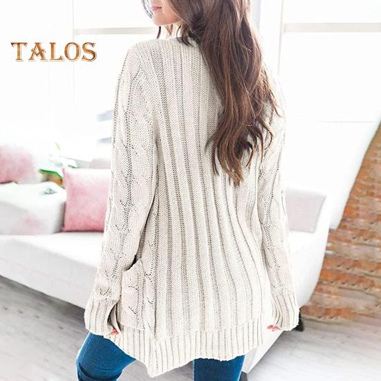 Dámský svetr bunda s dlouhým rukávem, zapínání na knoflíky, zimní kabát s kapsou, jednobarevný svetr s volným střihem