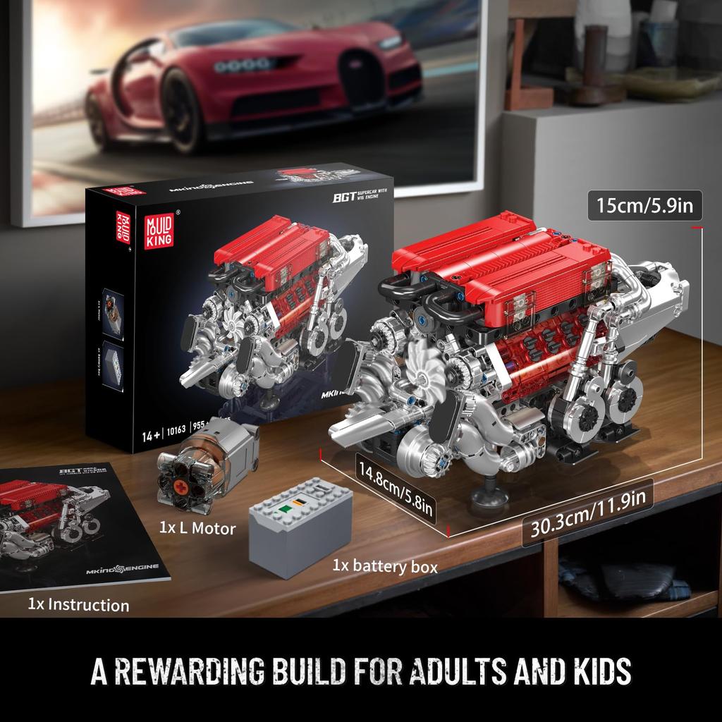 Mould King 10163 MOC Technik (W 16) Două Kituri Bloc Asamblat Motor V8 cu Spațiere Strânsă Inclusiv Patru Turbocompresoare (955+) cu Motor și Tehnologie Cutie