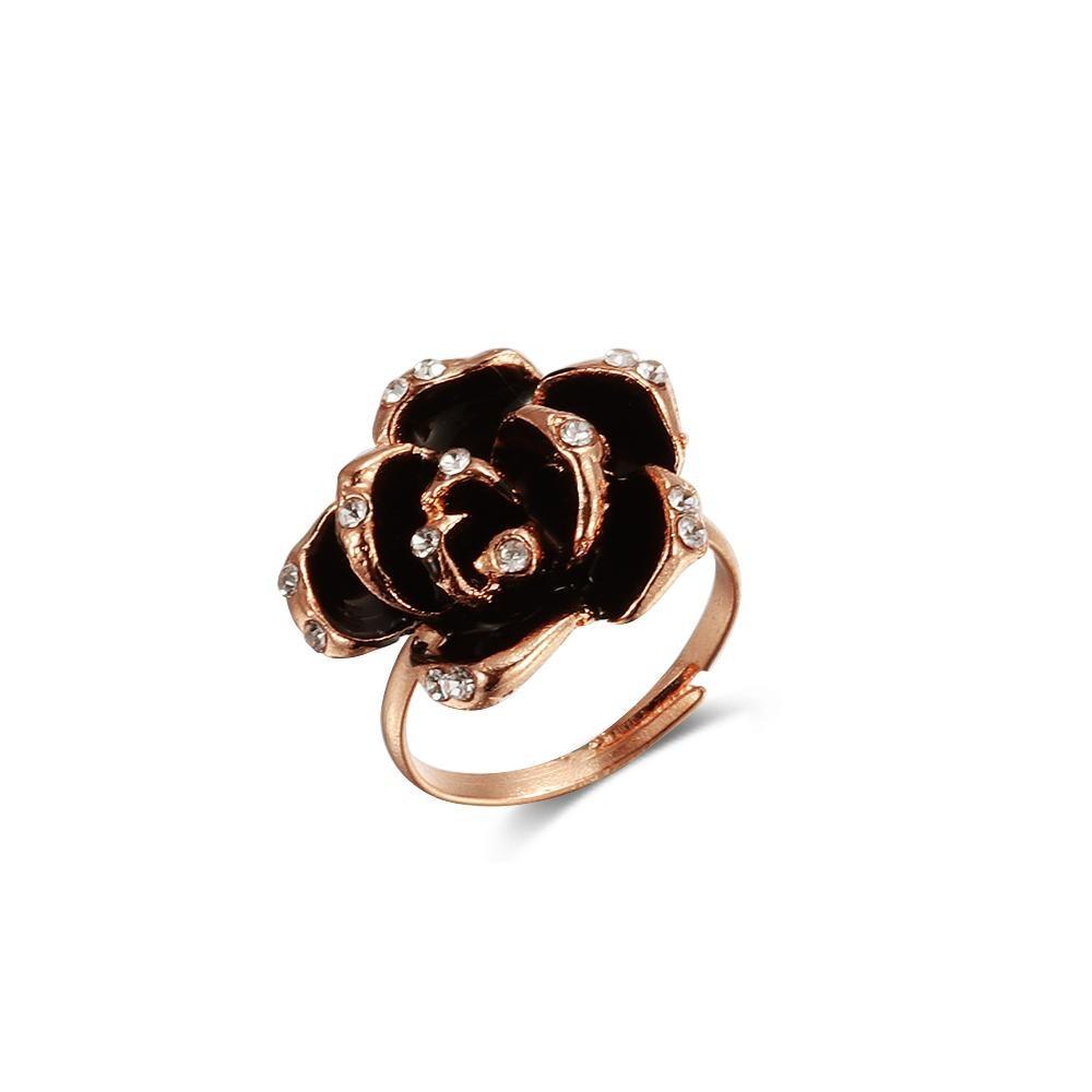 Gift Women Fashion Gold Black Rose Flower Ring Adjustable