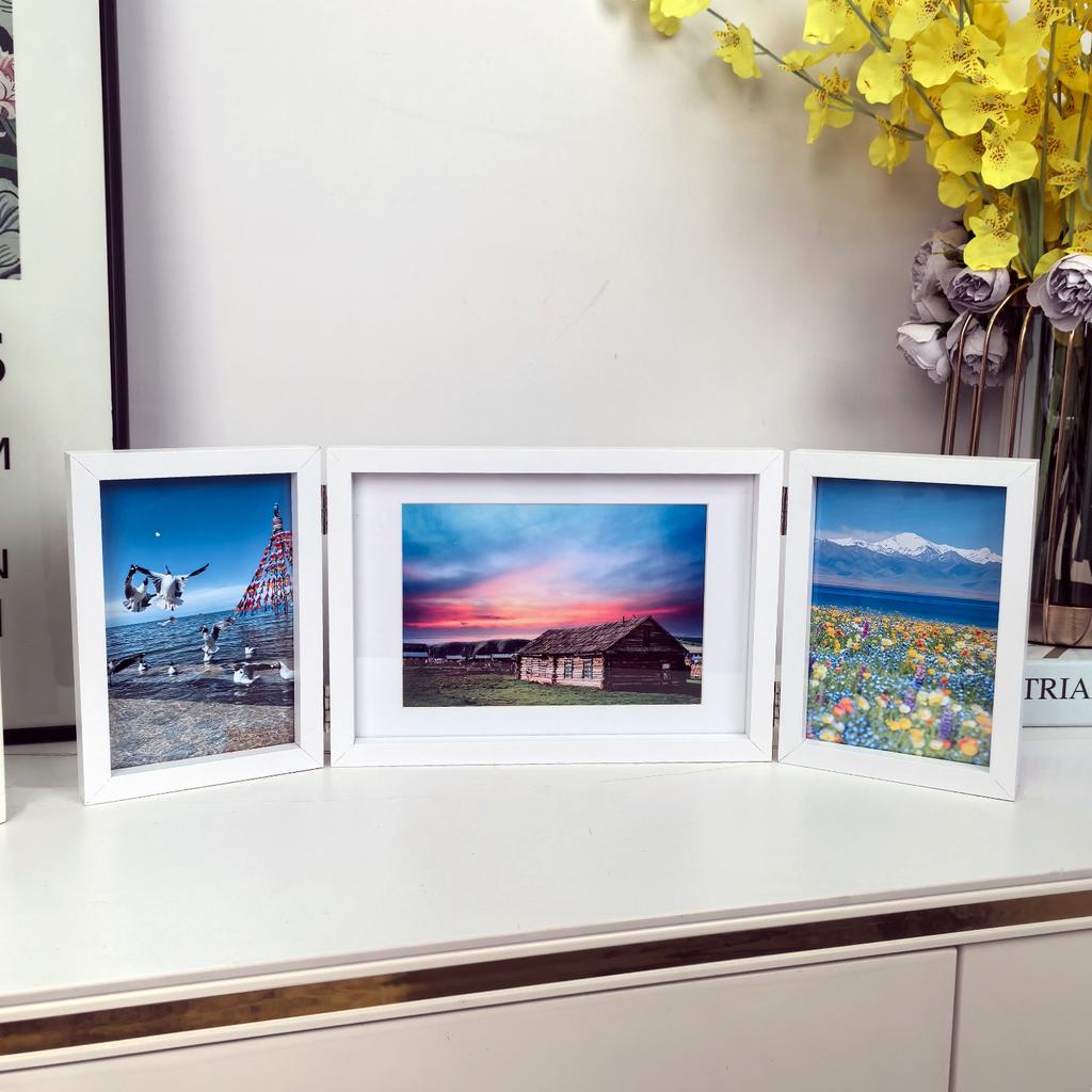 Eleganter dreifach faltbarer Bilderrahmenständer, minimalistisch Schwarz/Weiß, für mehrere 6- oder 7-Zoll-Fotos, kreative Tischdekoration für Zuhause und Büro