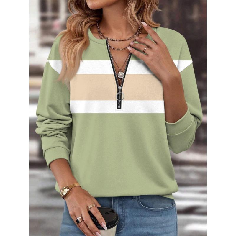 Women's elegant printed zipper long-sleeved top, stylish and versatile for autumn and winter casual and office wear, machine washable