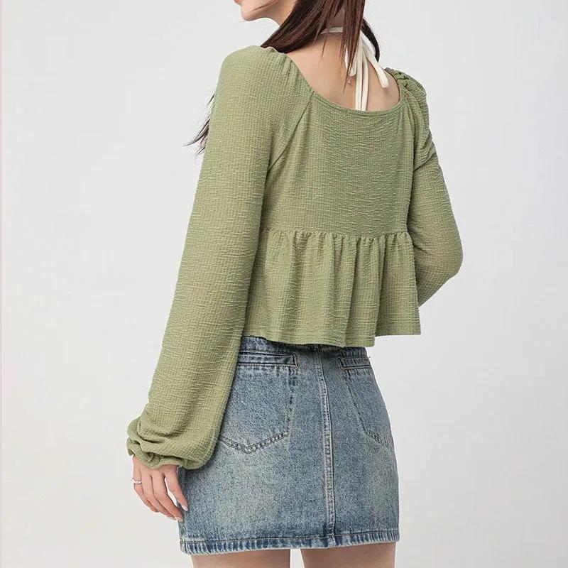 Pure Desire Short Hanging Neck Tank Top Long Sleeve Lace-up Cardigan 2Pcs Set Women Green T-shirt Slim Small Size Korean Fashion