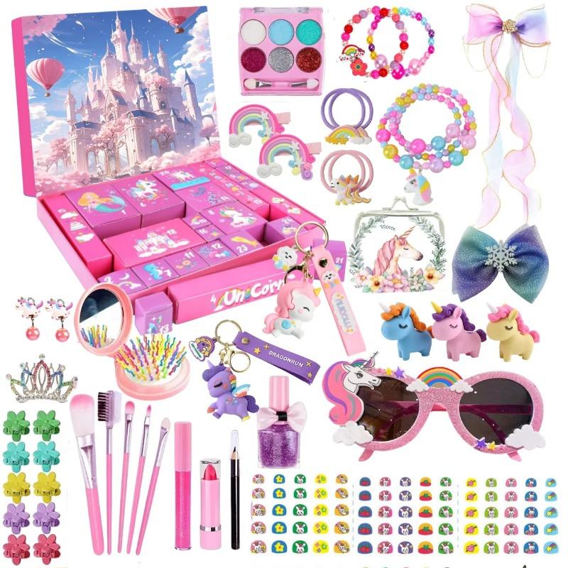 Hot Pink Christmas Advent Calendar Box for Girl Gift Mermaid Unicorn Princess Dress Up Jewelry Hairpin 24Day Countdown Calendar Gift Box