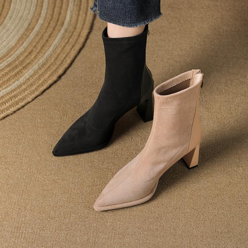 Black suede leather splicing short boots women's high heel British versatile elastic boots temperament thin boots autumn and winter new