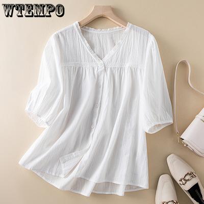 Retro Jacquard Hemd Damen Frühling und Herbst Weiß Spitze V-Ausschnitt Laternenärmel Oberteil Sommer T-Shirt Weiß Lockeres Oberteil