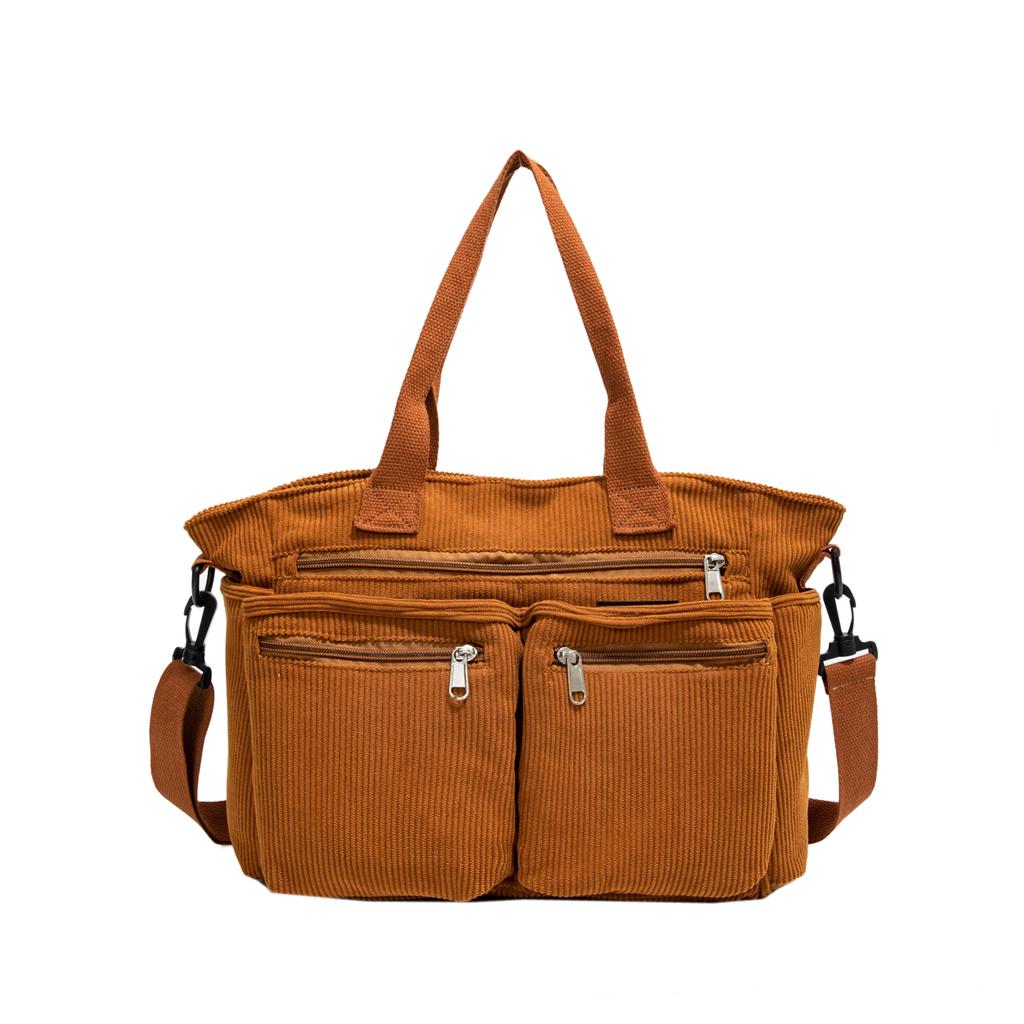 Large Capacity Corduroy Shoulder Bag for Women – Multi-Pocket Tote with Zipper Compartments and Stylish Design