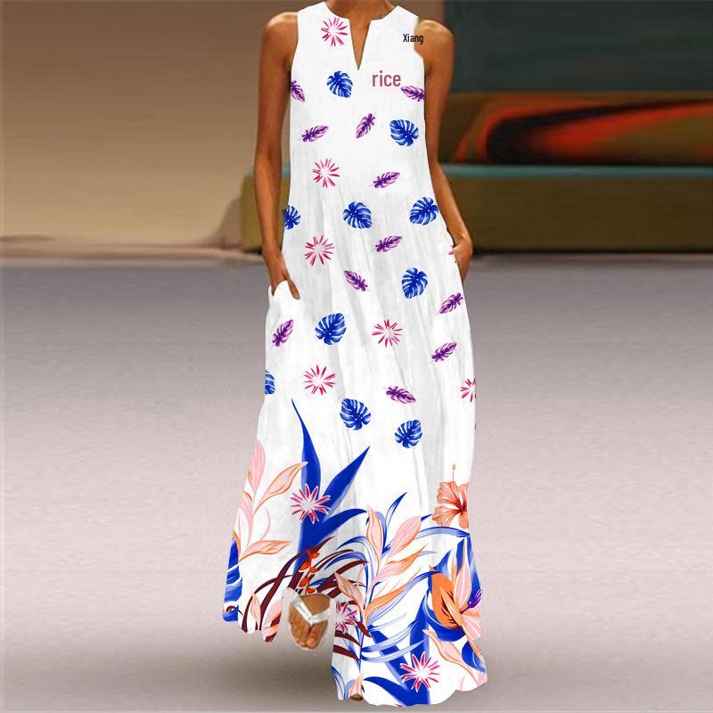 2024 Retro Print V-Neck Sleeveless Long Dress – Multicolor Summer Skirt