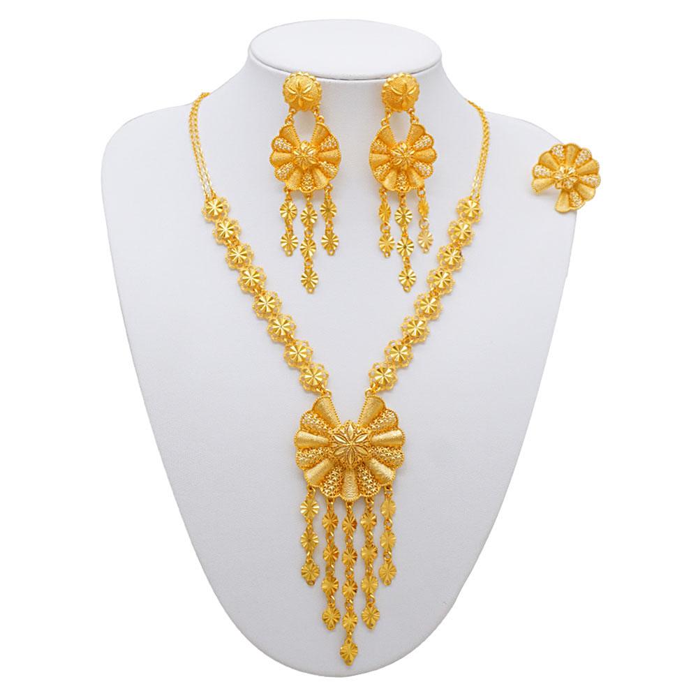 Dubai 24K Gold Plated Jewelry Set Butterfly Necklace Earrings Bracelet Ring Set Tassel Pendant