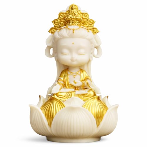 Cireneon Kannon Bodhisattva Mini Figurine with Lotus Pedestal, Tabletop Decorative Buddha Statue (Lotus Design)