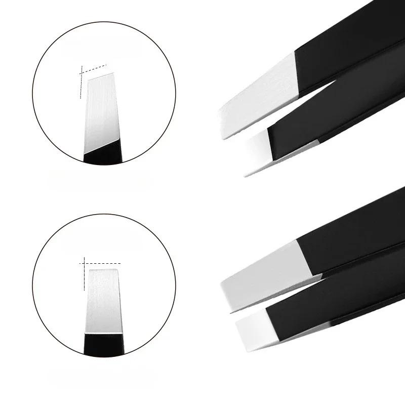 Pinzetta Nera per Sopracciglia in Acciaio Inossidabile con Punta Inclinata e Piatta Strumenti di Bellezza per Pinzetta Ciglia & Rimozione Peli Incarniti