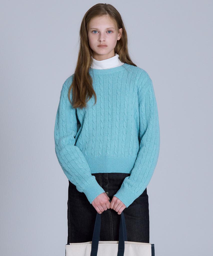 BASIC HOUSE Women'S Cable Round Neck Crop Knit Mint Lykt7201