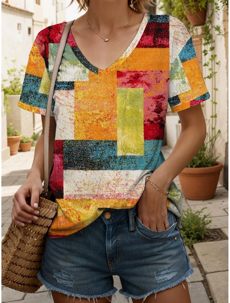 Women's T-Shirts Geometric Color Blocks Graphics Fashion Short Sleeved V-Neck Regular Tops Daily Prints Tee Summer Casual Tops
