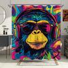 Digital Shower Curtain - Stylized Monkey, Colorful Headphones, Psychedelic Background, Playful Design
