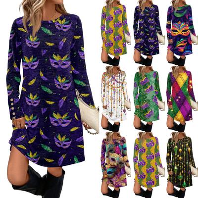 Modisches Damen-Kleid mit Rundhalsausschnitt, langen Ärmeln, Print, Tasche und Knöpfen, Freizeit