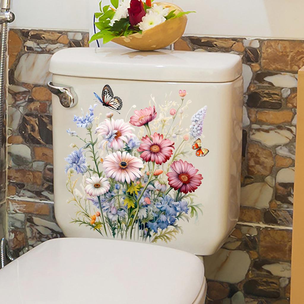 New Blue Flower Butterfly Sticker Bathroom Waterproof Toilet Sticker Self-adhesive Wall Sticker