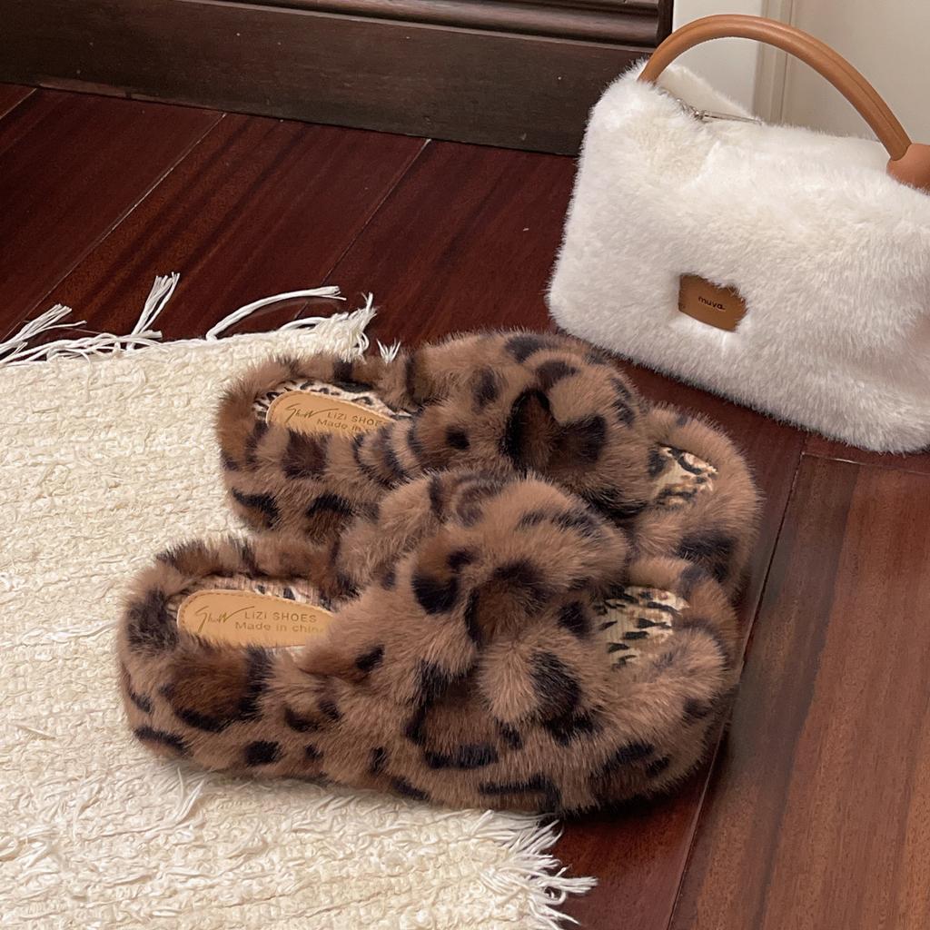 Leopard Print Thick Bottom Heightening Fluffy Slippers Women's Wear 2025 New Autumn and Winter Fashion Home Fluffy Cotton Slippers
