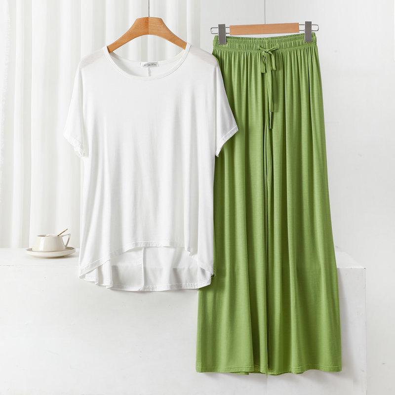 Damen Übergröße Freizeit-Pyjama-Set: Modal Rundhals Kurzarm Oberteil & Weitbeinige Hose