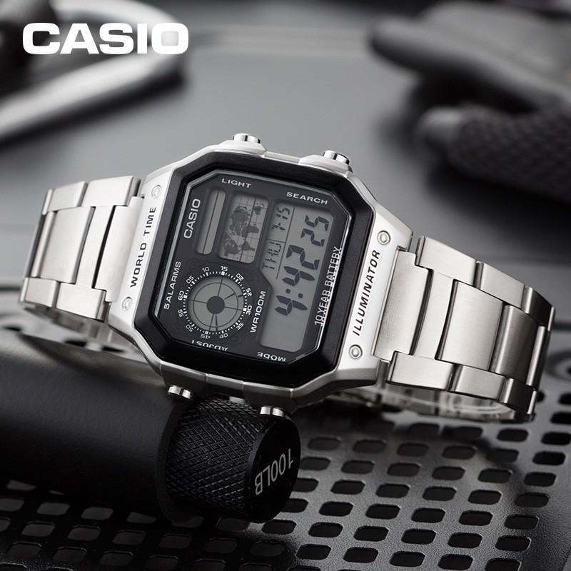 Casio Youth Series Retro Small Square Waterproof Sports Quartz Movement Stainless Steel Strap Men watches Black AE-1200WHD-1AVDF