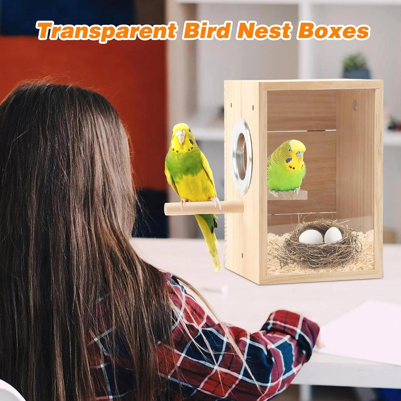 Transparent Bird Boxes, Wood Parakeet Nesting Box For Cage, Bird Breeding Box With Bird Cage House For Parakeet Lovebirds Budgie One Size