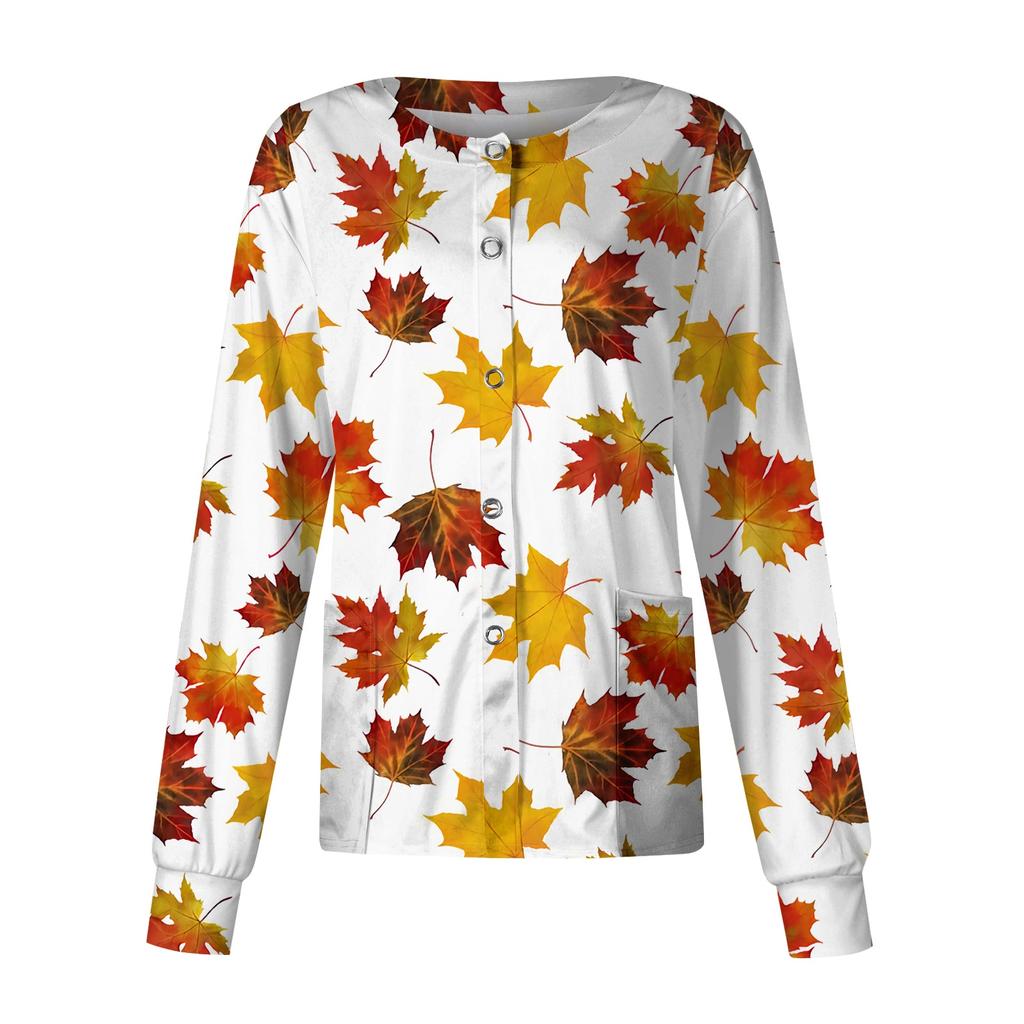 Women's Casual Long Sleeve Cardigan Top with Leaf Floral Print for Caregiver Uniform
