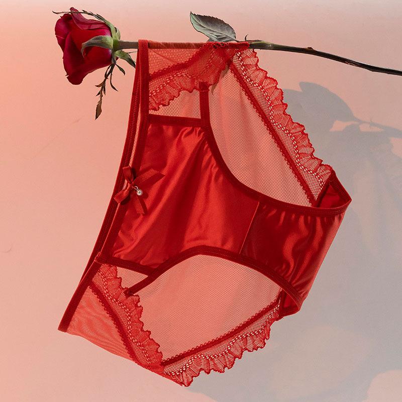 Women's Summer Fashion Satin Sexy Lace Semi Transparent Mesh Triangle Panties