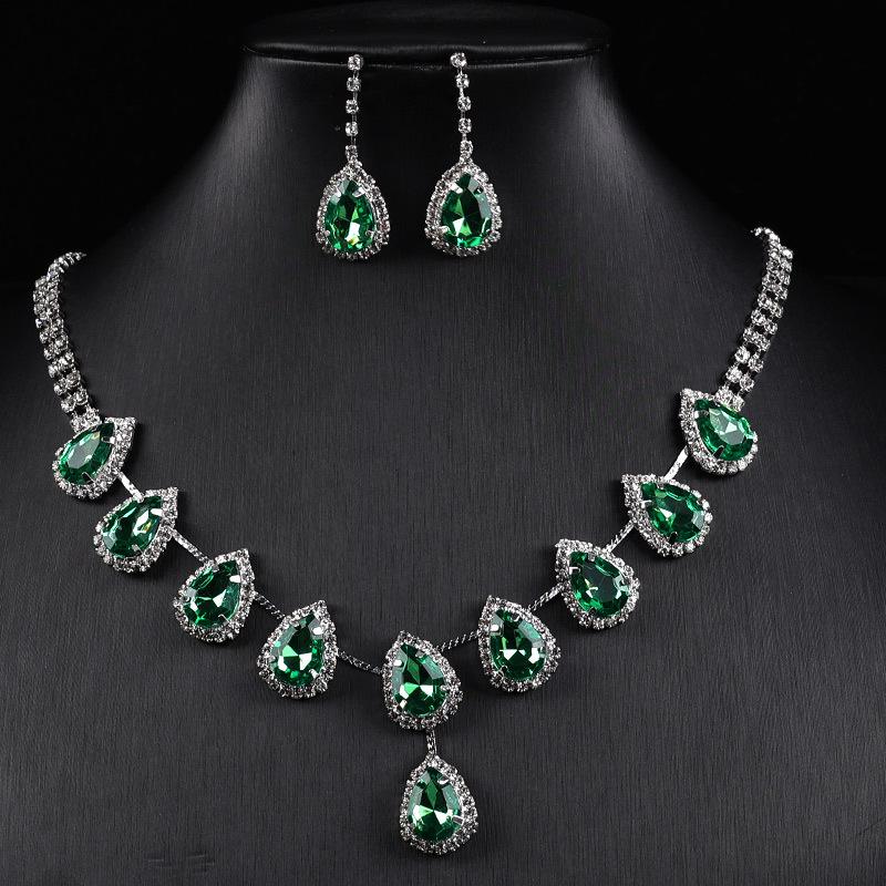 Elegant European Blue Zirconia Water Drop Necklace  Earrings Set for Women