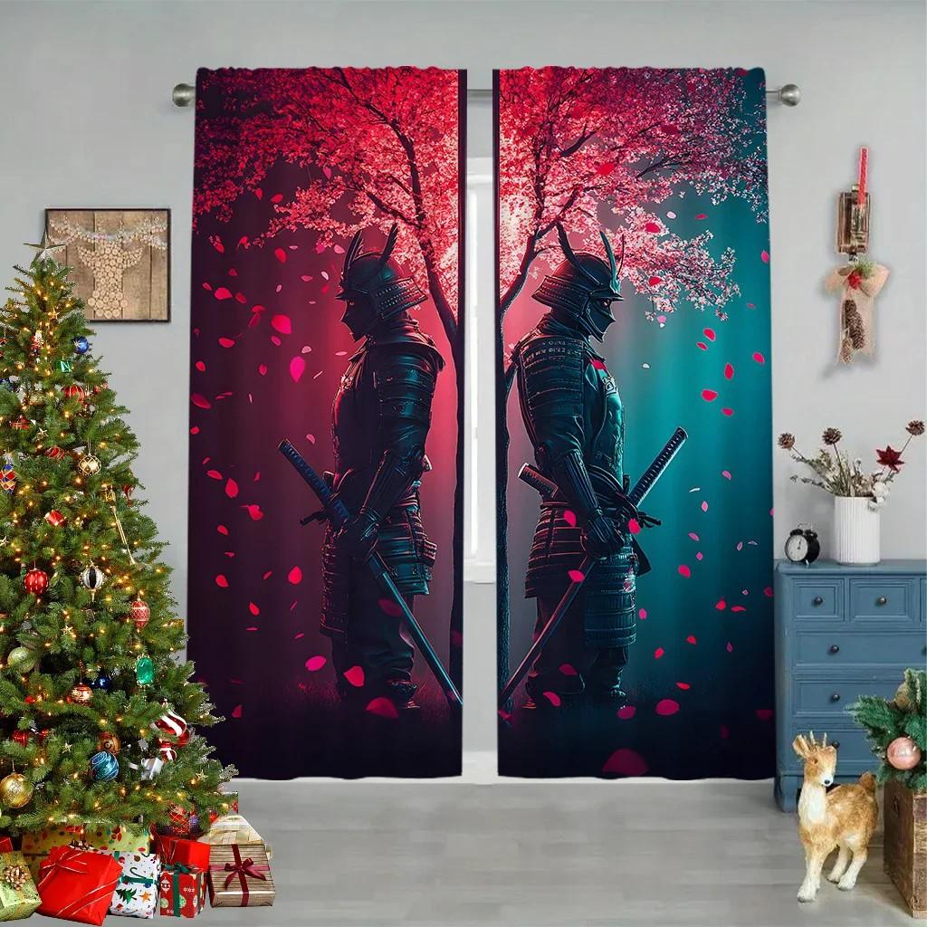 JIT 2pcs Floral Samurai Blackout Curtain   Design Rod Pocket Curtain   Polyester Window Decor for Home Decor.
