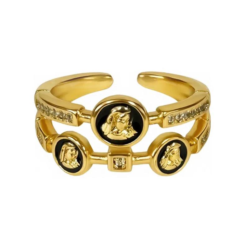 Enamel Double-Layer Ancient Coin Athena Open Ring Female Retro Niche High-End Light Luxury Ring Female