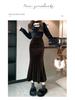 Women's Black Velvet Fishtail Pencil Skirt - High Waist, Slimming, Mid-Length, Pleated, Autumn/Winter.
