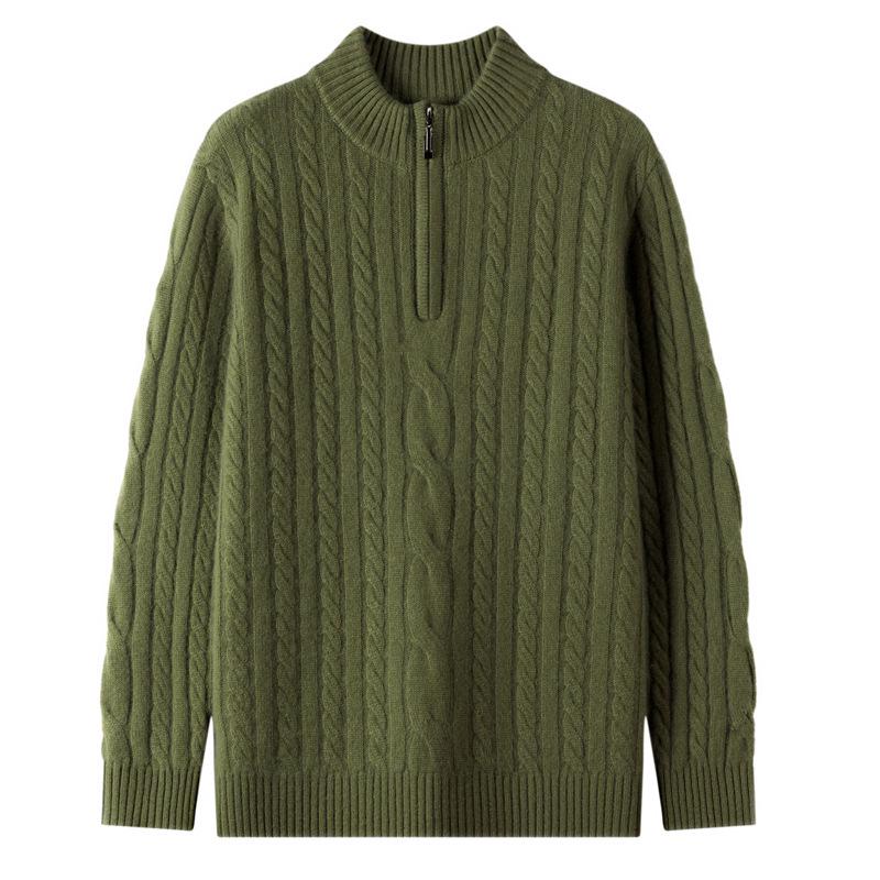 Men's Casual Cable Knit Cashmere Sweater - Autumn/Winter Half-High Neck Zipper, Long Sleeve, Loose Fit.