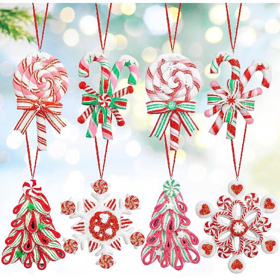 8 Pieces Peppermint Lollipop Candy Christmas Tree Ornaments Set,Polymer Clay Candy Lollipop Hanging Ornaments with Lollipop,Snowflake, Candy Cane for