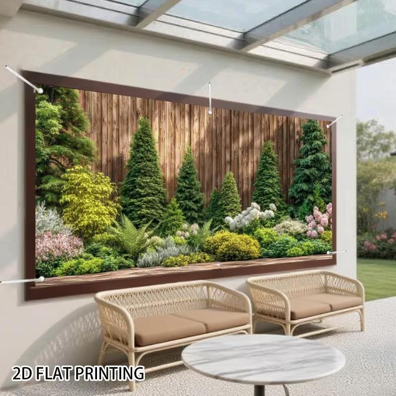 Recinzione Privacy in Legno Rustico 2D Strati di Arbusti Coniferi Sfondo Fotografico per Patio