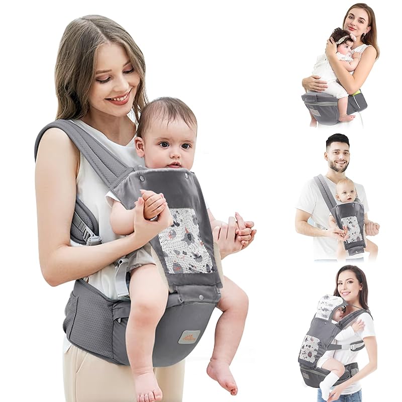 Baby Carrier with Hip Seat, 6 in 1 Baby Carrier Newborn to Toddler, Adjustable Infant Carrier with Hood, All Seasons & All Position Baby Holder