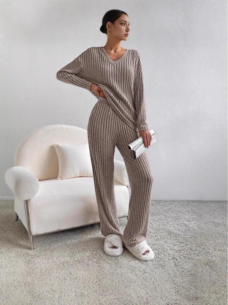 2025 European/American Autumn/Winter Striped Casual Set: V-neck Long-Sleeve Top & Straight-Leg Pants.
