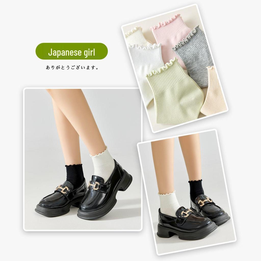 10A Antibacterial & Deodorant Women's Summer Thin Cotton Socks with Lace Ruffle - Solid Color, Breathable, Short Length
