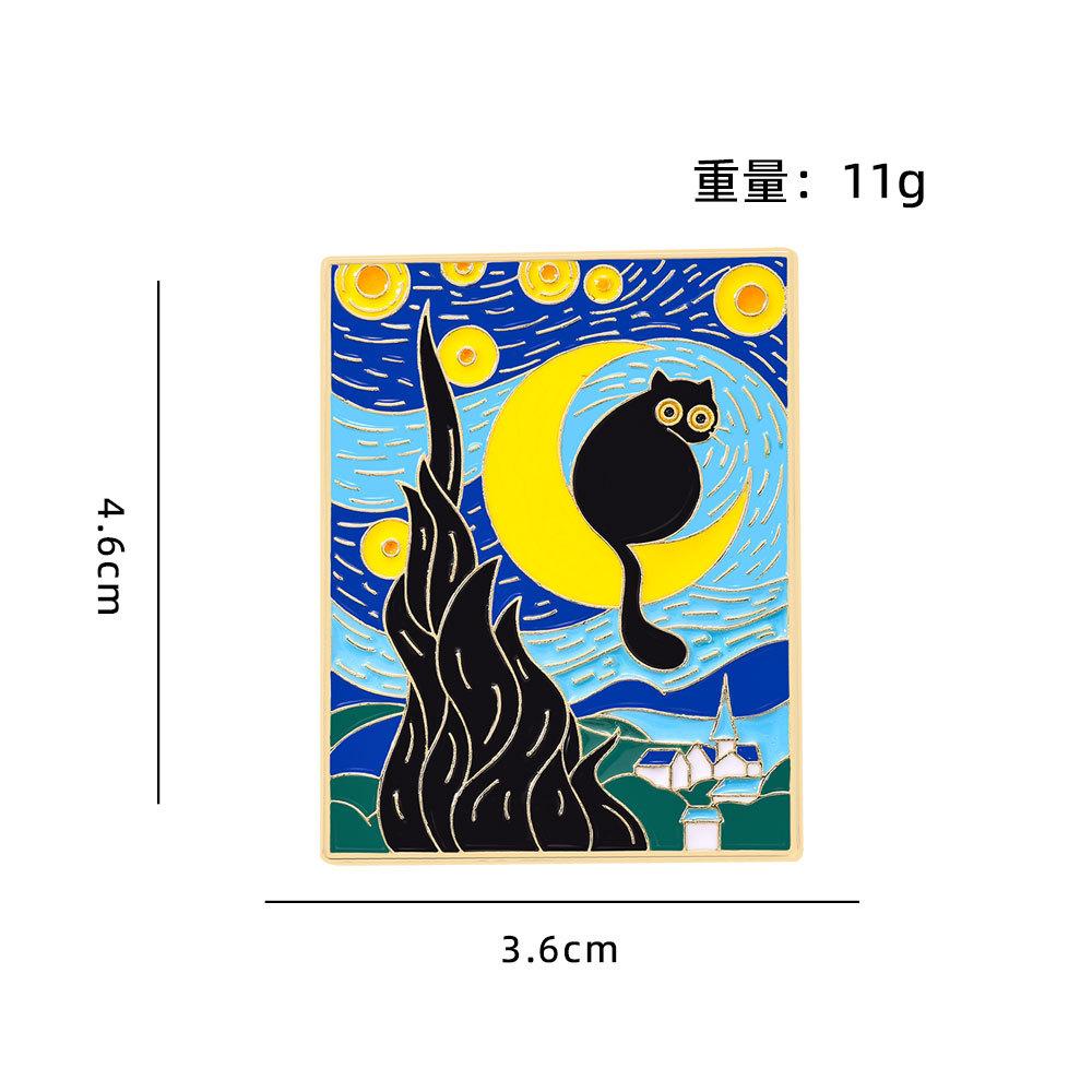 Cartoon Van Gogh Oil Painting Brooch Personality High Sense Abstract Art Wind Cat Looking Up At the Stars Metal Badge Accessories